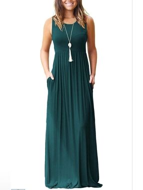 Boutique High Neck Maxi Dress Jersey With Pockets Summer Comfort Teal Green XS